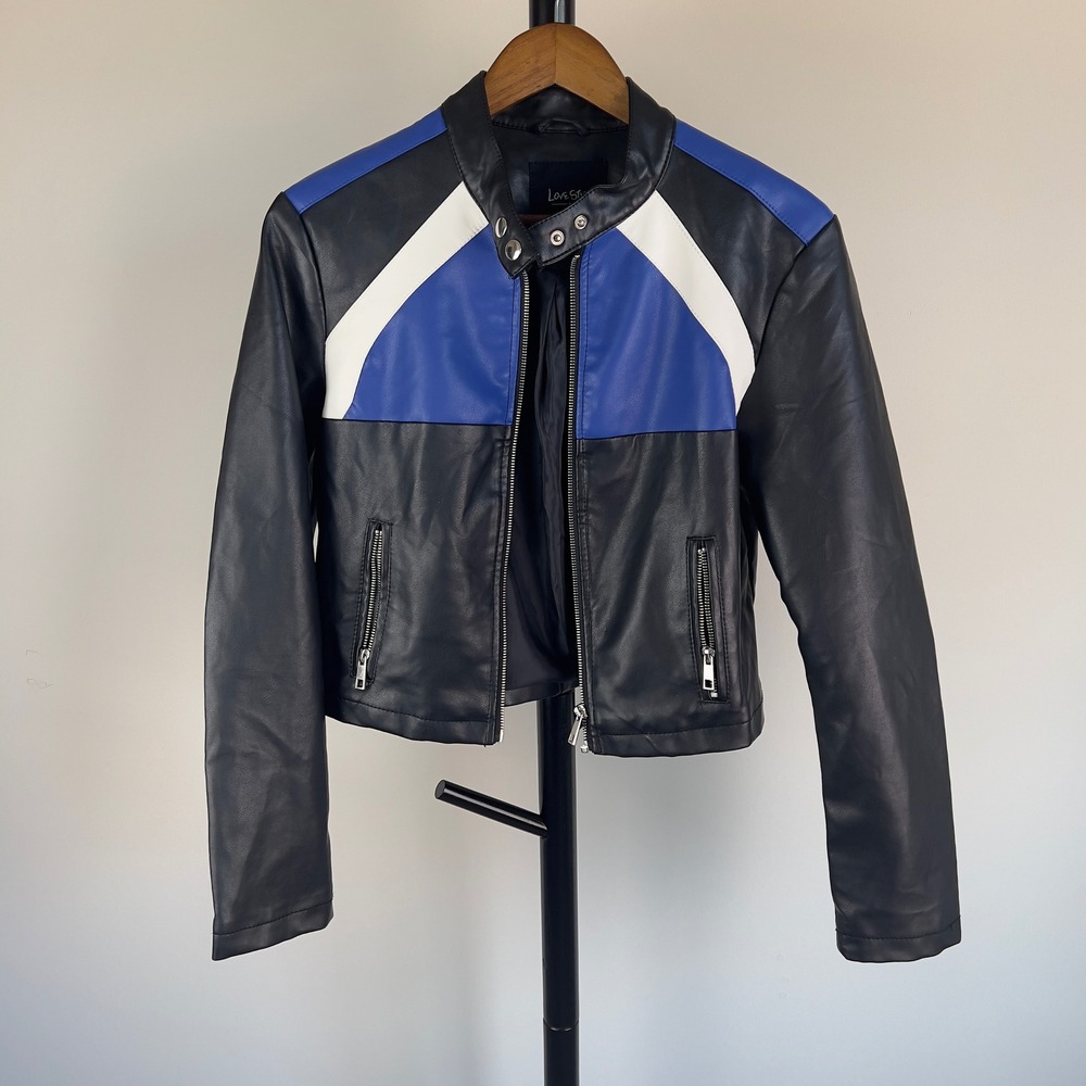 Love Star Womens Faux Leather Moto Jacket Colorblock Blue Black White Size M